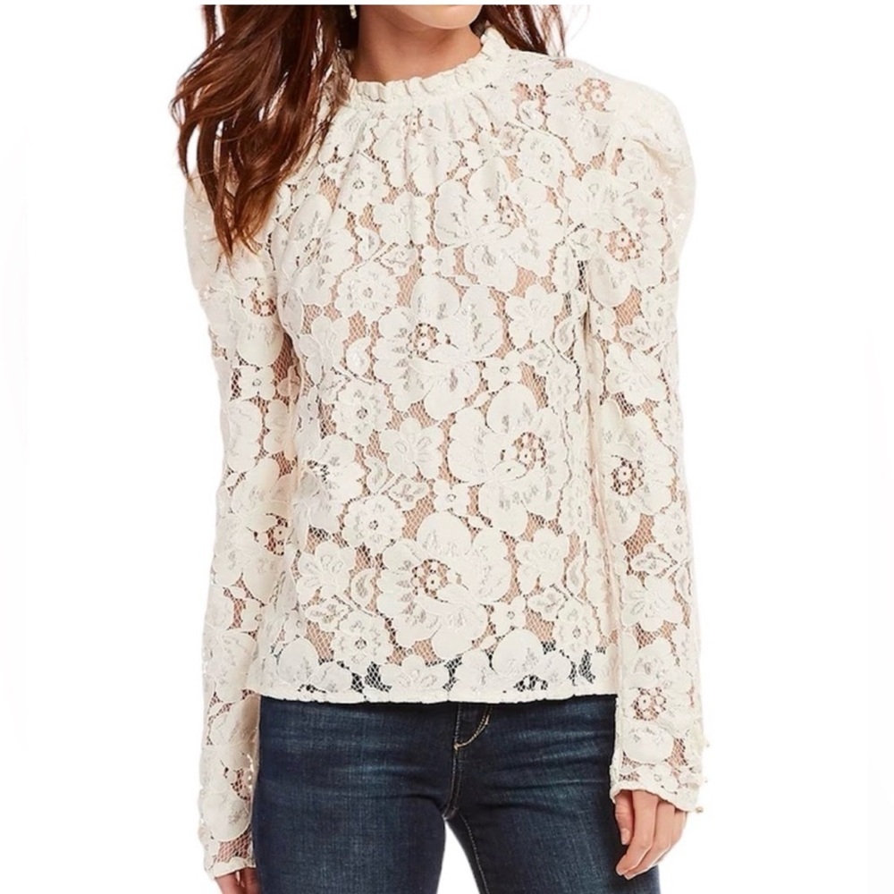 Wayf Cream Erika Puff Sleeve Lace Blouse - Small